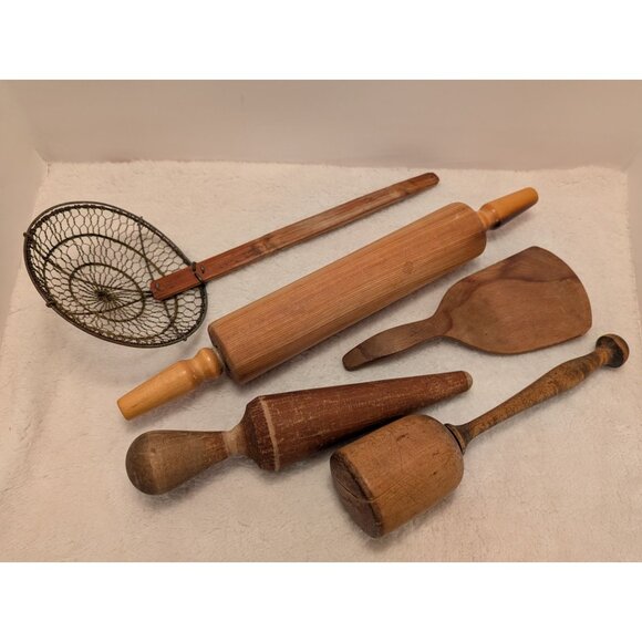 Vintage Wooden Kitchen Utensils Set Rustic Primitive Kitchen Decor 5 Unique Pcs - Picture 1 of 14